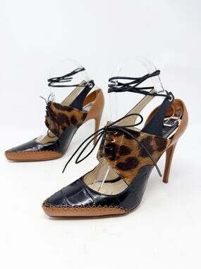 Christian Dior Leopard Calf Hair Lace Up Heels Pointed Toe Womens Size EU 37.5